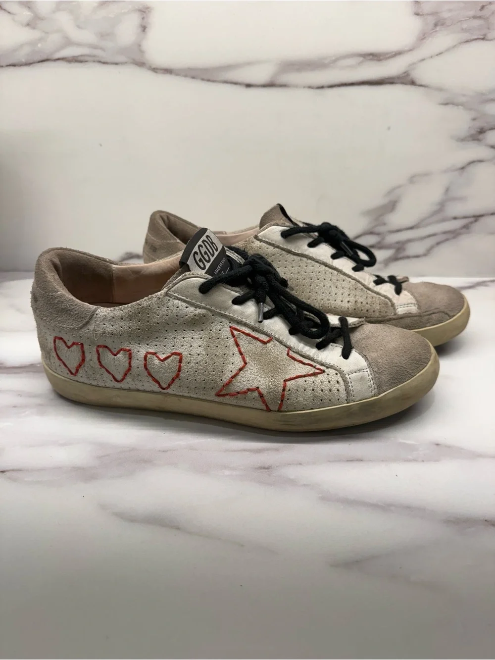 Golden Goose Suede Star & Heart Sneakers with Red Stitching